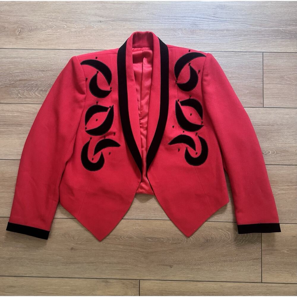 Vintage 80s 90s Red Black Beaded Cropped Short Jacket Open Front Statement MED - Picture 5 of 16